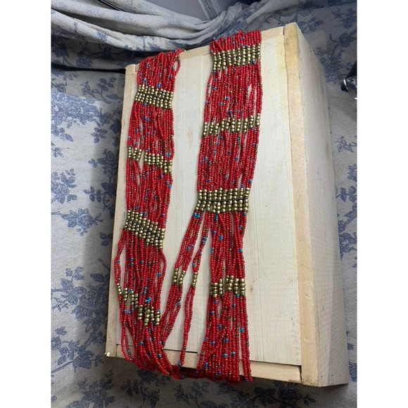 Vintage Red Beaded Necklace with Turquoise and Bronze beads - Picture 4 of 5